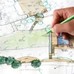 Hand drawing on a landscape plan with green pencil, illustrating creative landscape design ideas.