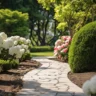 A beautifully landscaped garden path surrounded by neatly trimmed bushes and blooming flowers, showcasing the expertise of local landscape companies.