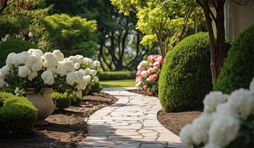 A beautifully landscaped garden path surrounded by neatly trimmed bushes and blooming flowers, showcasing the expertise of local landscape companies.