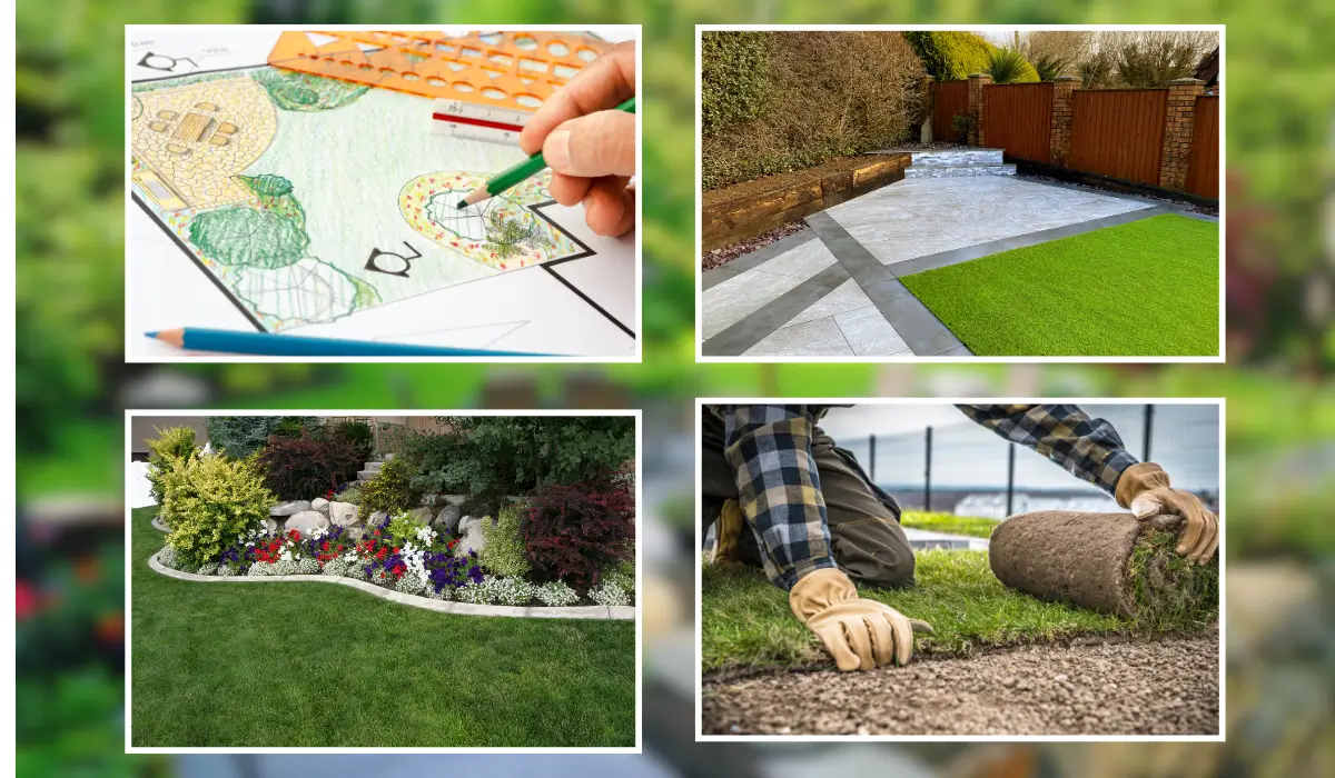 Professional landscaping services provided by a top-rated landscaping company in Naperville, featuring a detailed landscape design plan, hardscape installation, and beautiful flower bed arrangements in a residential yard.