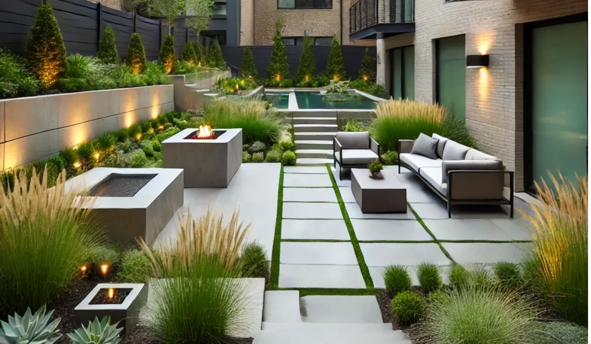 Modern backyard landscaping ideas for a Chicago home, featuring clean lines, a fire pit, low-maintenance plants, and a minimalist design.