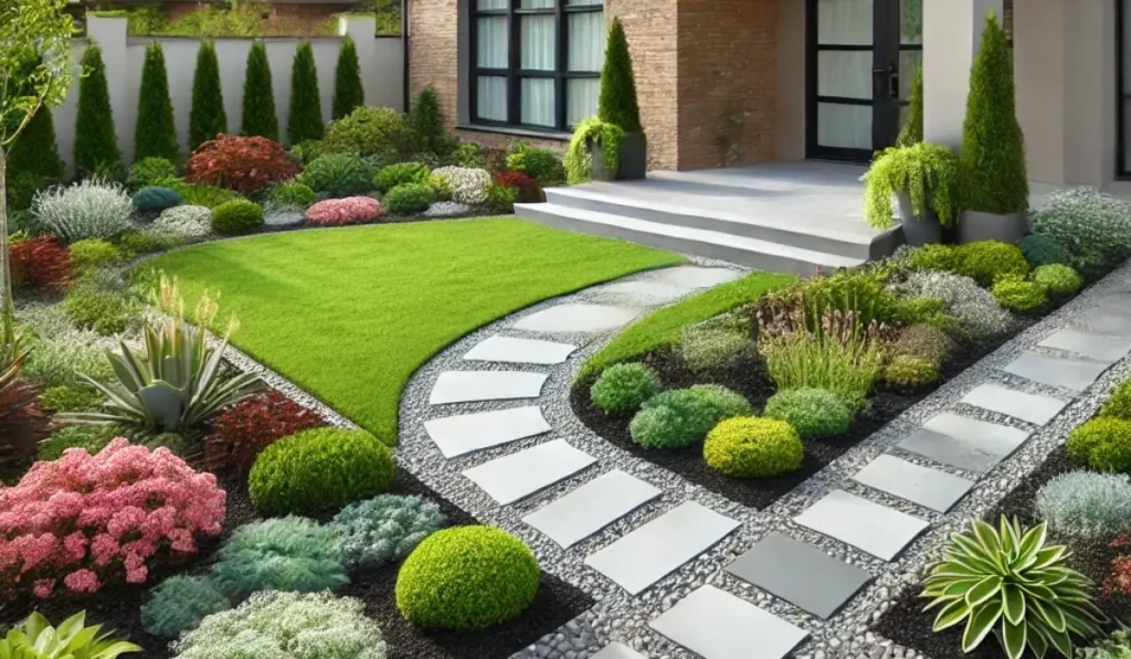 Modern simple frontyard landscaping design with stone pathways, vibrant greenery, and low-maintenance plants in Oswego, IL.