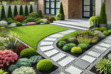 Modern simple frontyard landscaping design with stone pathways, vibrant greenery, and low-maintenance plants in Oswego, IL.