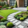 Modern simple frontyard landscaping design with stone pathways, vibrant greenery, and low-maintenance plants in Oswego, IL.