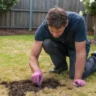 A man kneeling on patchy grass, performing lawn repair by adding soil and preparing it for regrowth.