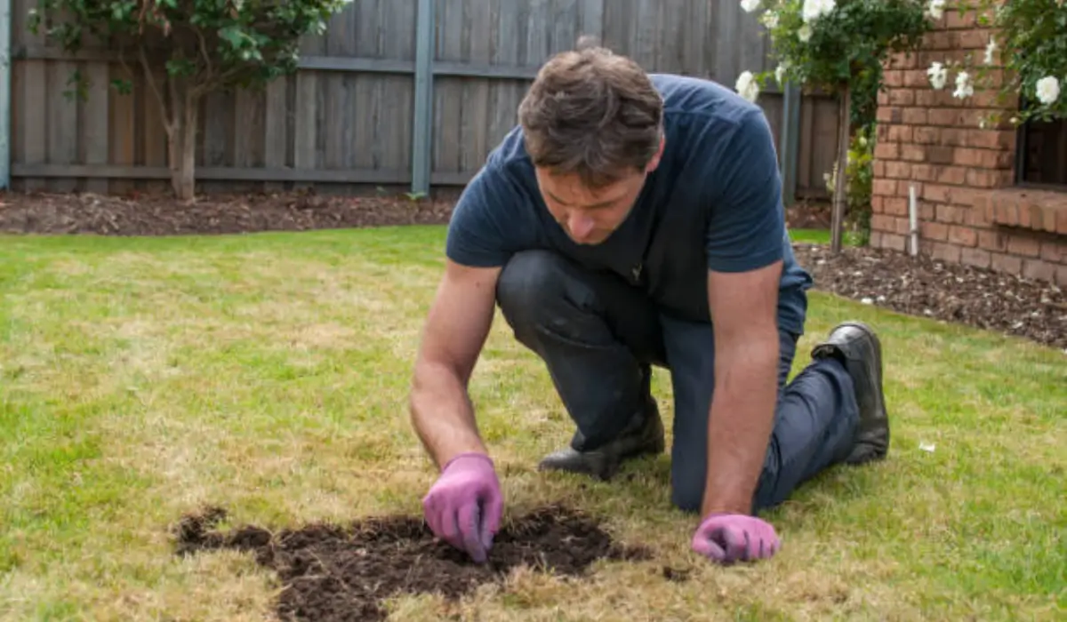 A man kneeling on patchy grass, performing lawn repair by adding soil and preparing it for regrowth.