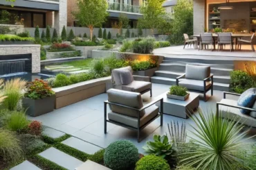 A modern outdoor living space with professional landscaping in Hinsdale, IL, featuring a sleek stone patio, native plants, and a small water feature.