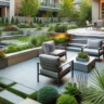 A modern outdoor living space with professional landscaping in Hinsdale, IL, featuring a sleek stone patio, native plants, and a small water feature.