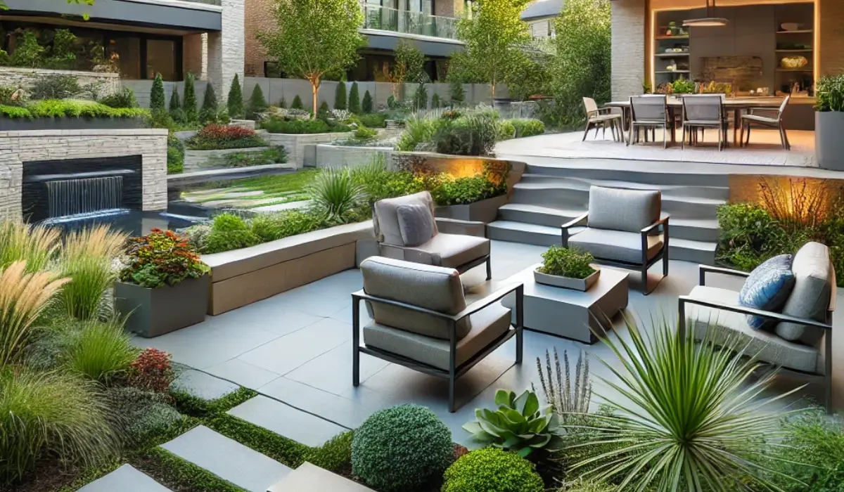 A modern outdoor living space with professional landscaping in Hinsdale, IL, featuring a sleek stone patio, native plants, and a small water feature.