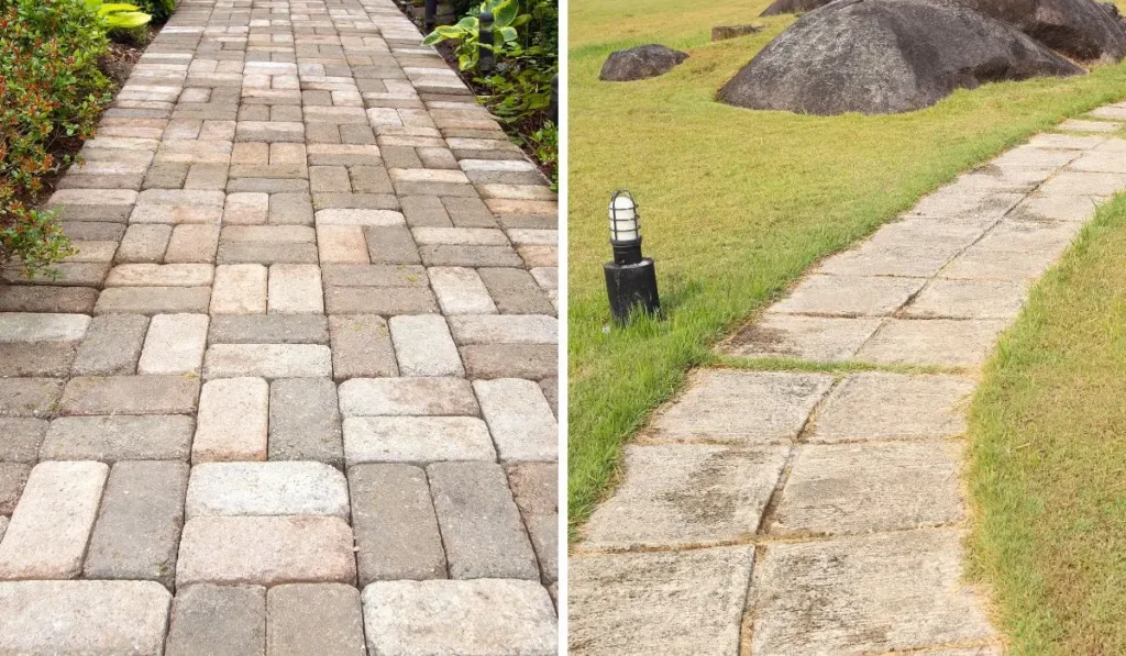Side-by-side view of brick pavers and concrete walkways in a residential yard, comparing design and material options for landscaping.