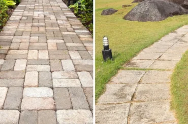 Side-by-side view of brick pavers and concrete walkways in a residential yard, comparing design and material options for landscaping.