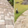 Side-by-side view of brick pavers and concrete walkways in a residential yard, comparing design and material options for landscaping.