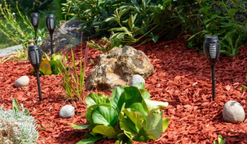 Cedar mulch garden bed with green plants, mosquito-repellent torches, large stones, and surrounding leafy shrubs.
